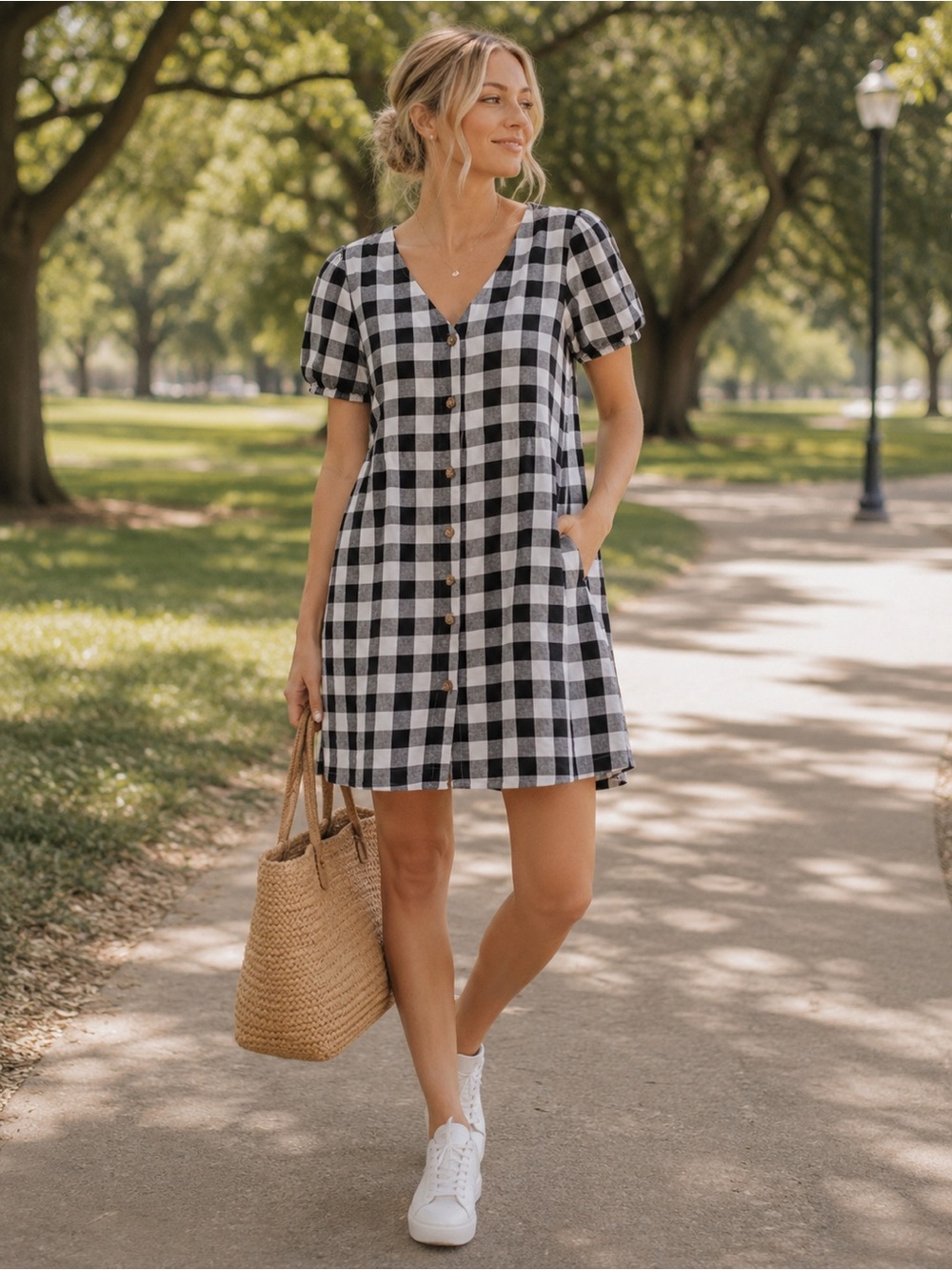 Loft Black & White Gingham Button-Front V-Neck Mini Dress. Size 4